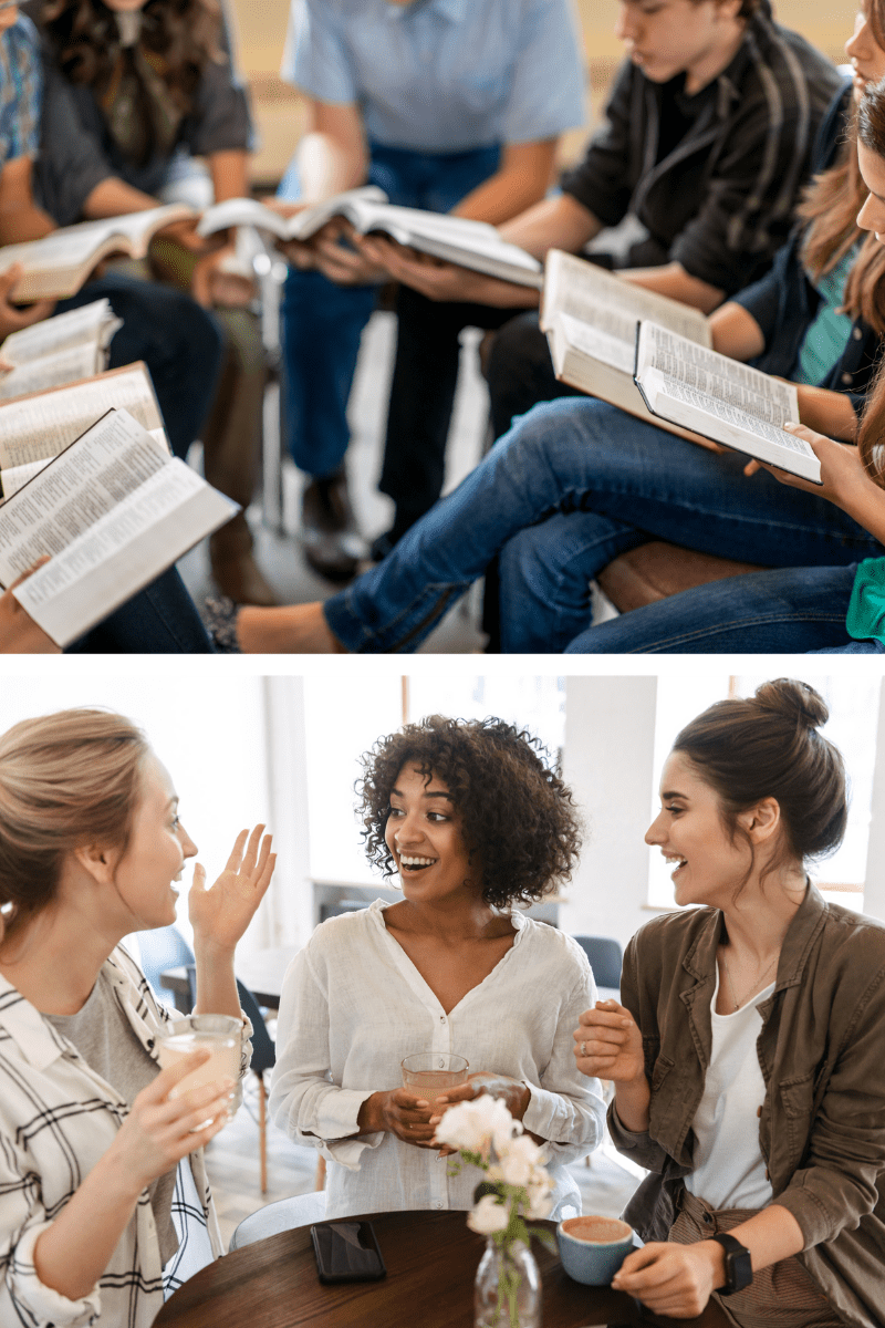 Women studying the Bible and sharing fellowship at a women's ministry gathering.