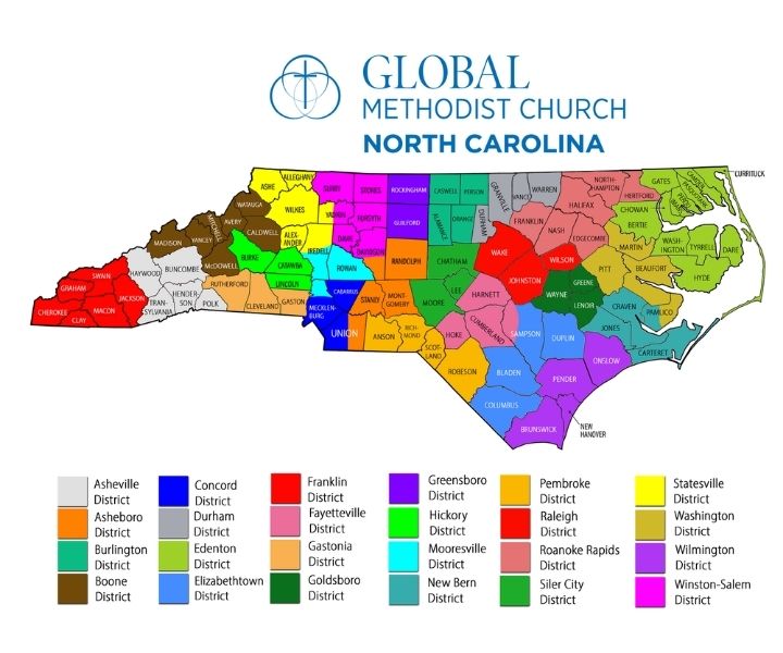 Color-coded district map of the Global Methodist Church in North Carolina